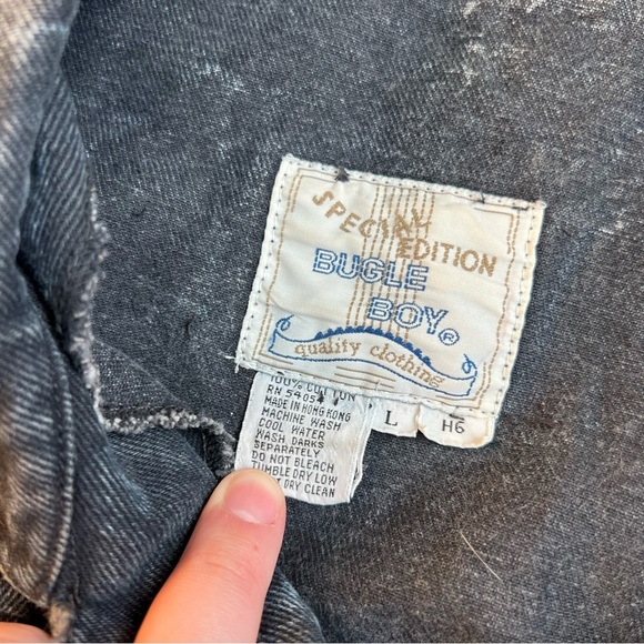 Vintage 80s Bugle Boy Black Acid Wash Distressed Denim Belted Jacket Size L - Picture 4 of 6